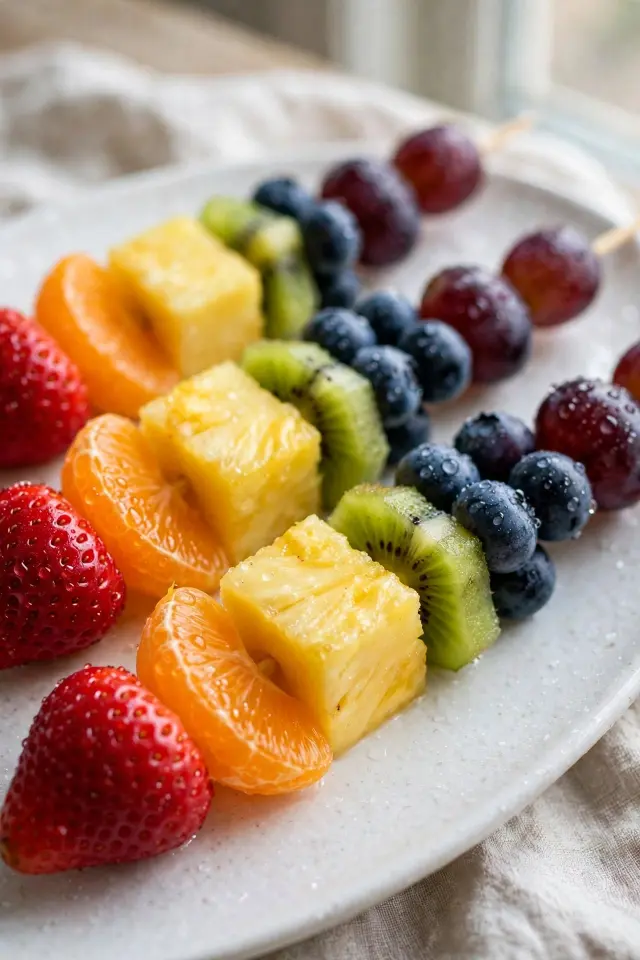 Rainbow fruit skewers, a colorful fruit platter idea for kids
