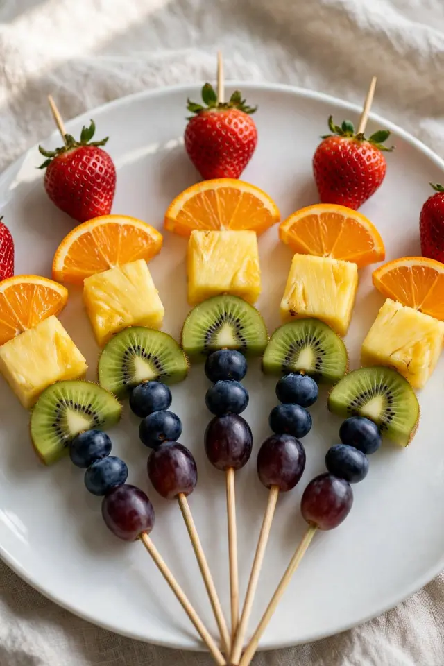 Rainbow fruit skewers food art idea for kids with strawberries and kiwi