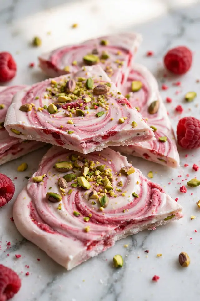 Raspberry pistachio frozen yogurt bark on marble surface