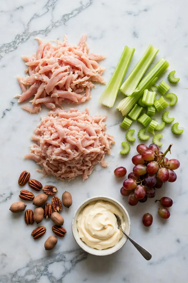 Ingredients for chicken salad recipe including chicken, celery, grapes, and pecansIngredients for chicken salad recipe including chicken, celery, grapes, and pecans