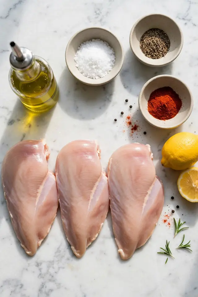 Ingredients for baked chicken breast recipe laid out on countertop
