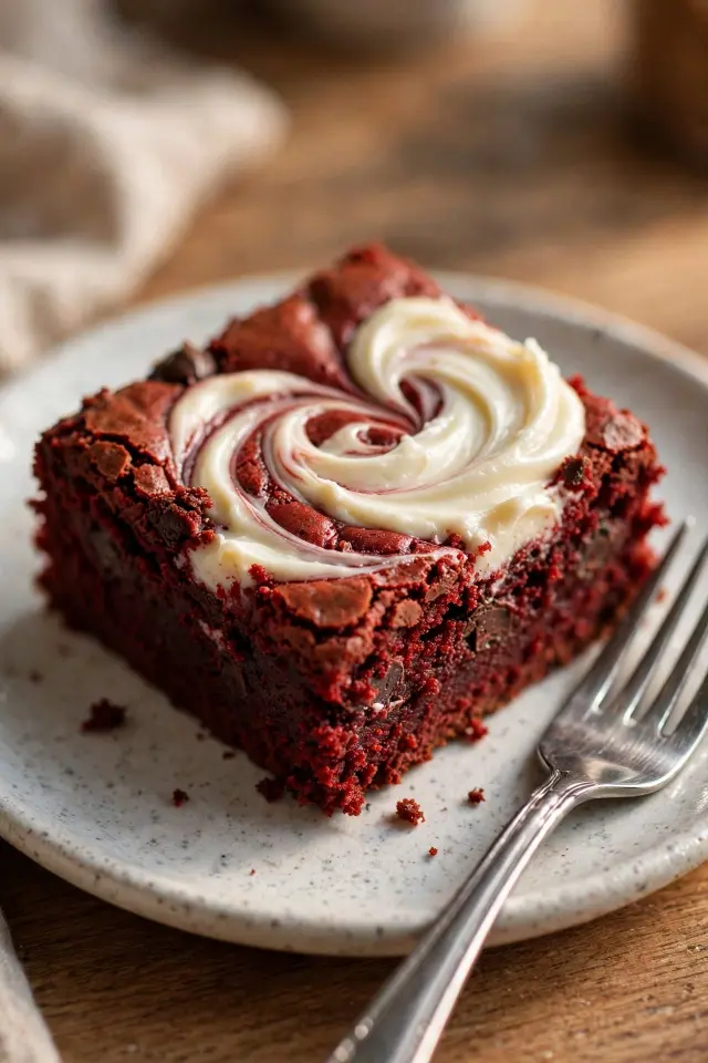 Close-up of a fudgy red velvet brownie square with cream cheese swirl