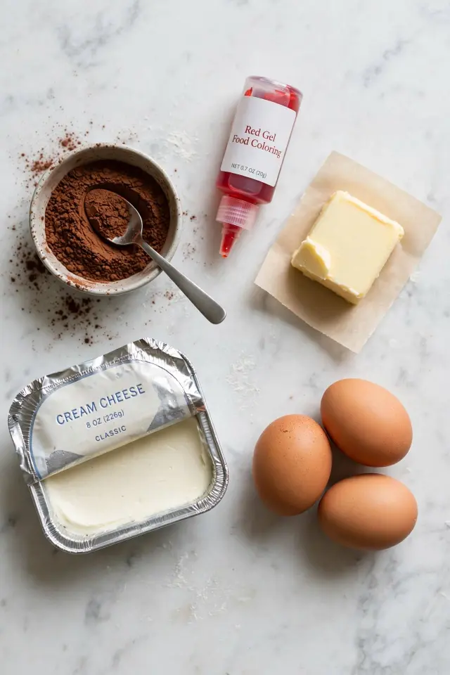 Flat lay of ingredients for red velvet brownies including cocoa and cream cheese
