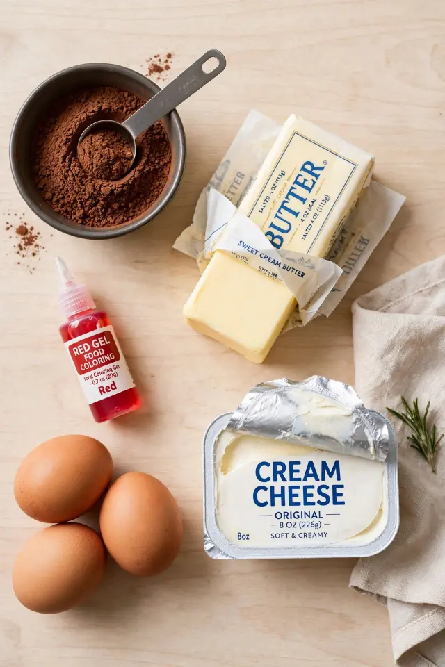 Flat lay of ingredients for red velvet brownies including cocoa and cream cheese
