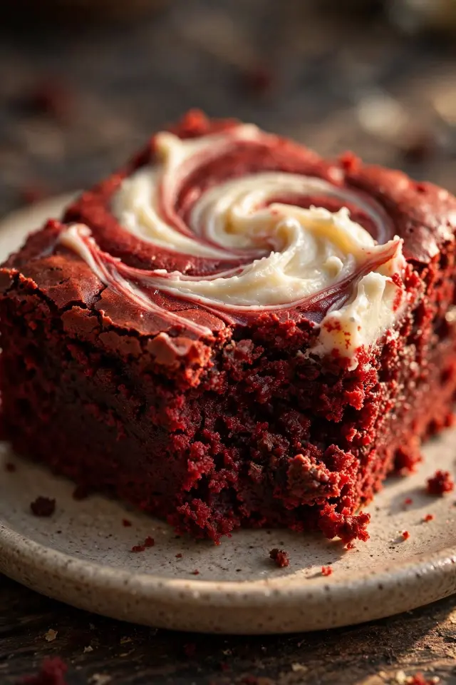 Close-up of a fudgy red velvet brownie square with cream cheese swirl