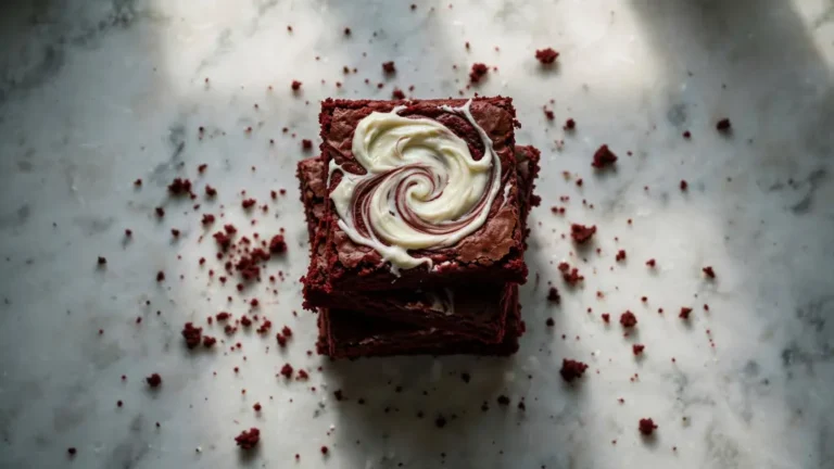 Stack of fudgy red velvet brownies with cream cheese swirl on a marble board
