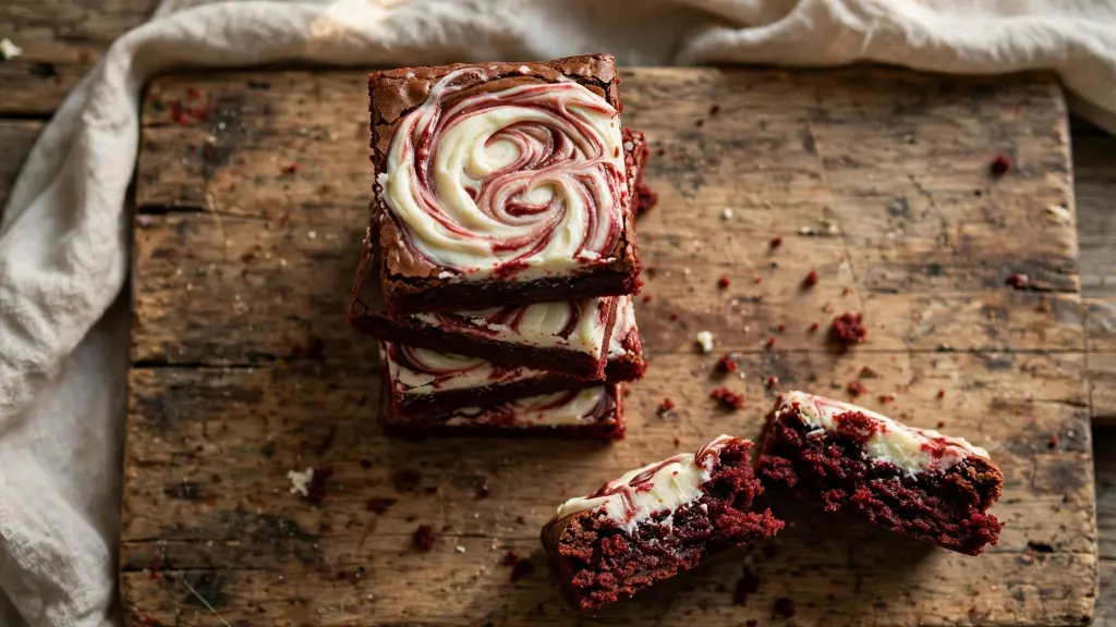 Stack of fudgy red velvet brownies with cream cheese swirl on wooden board
