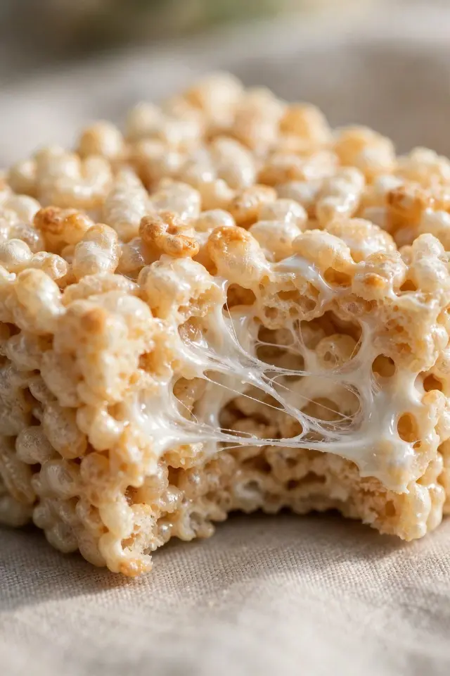 Close-up of a gooey rice krispie treats recipe square with a bite taken out