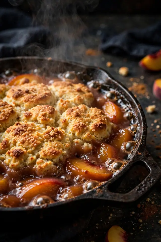 Cast-iron skillet peach cobbler with bourbon-spiked filling