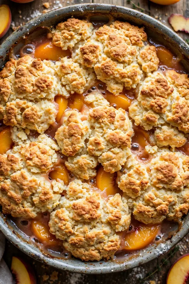 Peach cobbler topped with flaky buttermilk biscuits