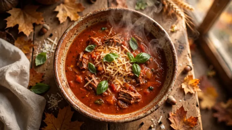 Bowl of beefy tomato soup topped with basil and parmesan