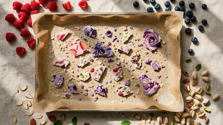 Assorted frozen yogurt bark recipes with berries, chocolate, and nuts on parchment paper