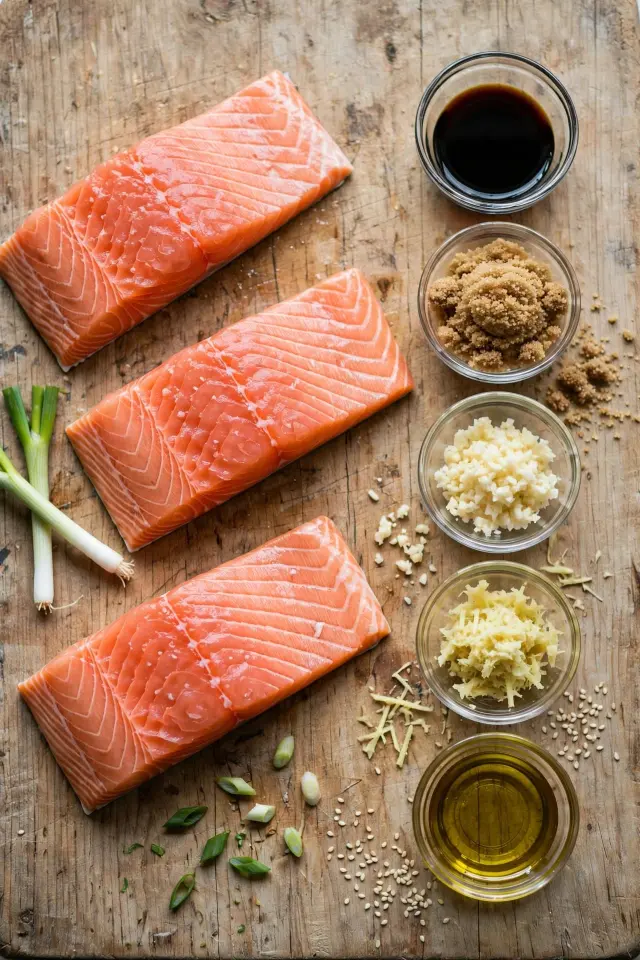 Ingredients for teriyaki salmon recipe including soy sauce, ginger, and garlic