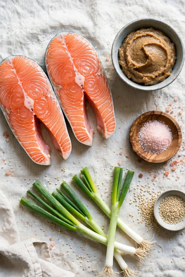 Ingredients for Japanese miso salmon with pink Himalayan salt