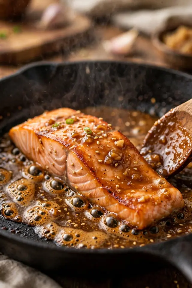 Searing miso-glazed salmon fillet in a skillet