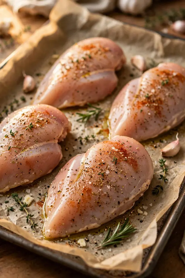  Seasoned chicken breasts on baking sheet ready to bake