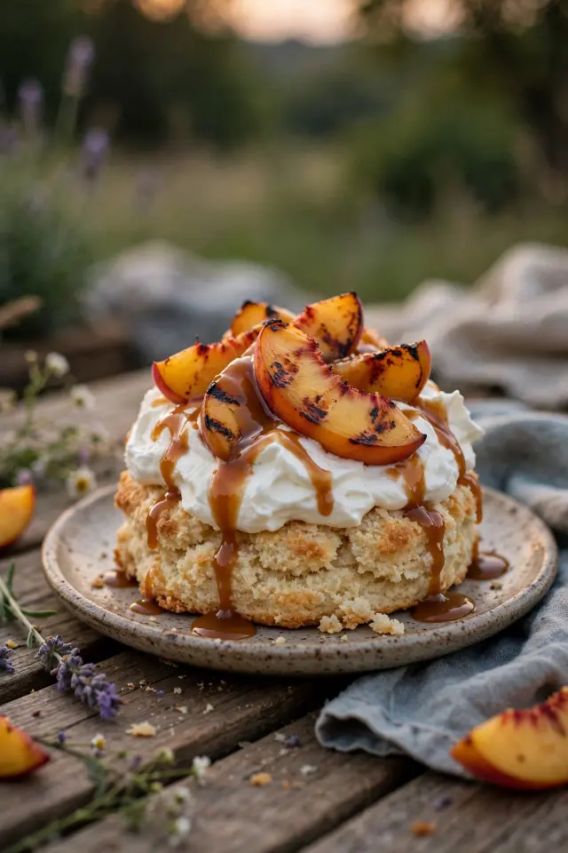 Grilled peach shortcake with whipped cream