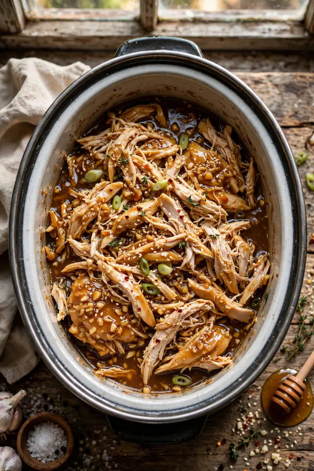Slow cooker honey garlic chicken thighs shredded in sticky sauce