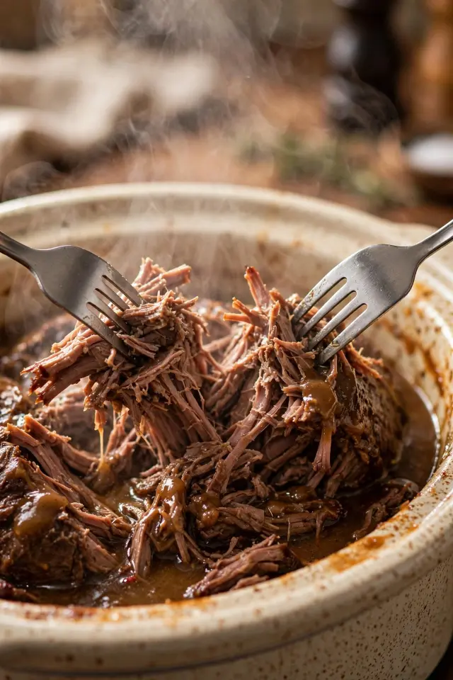 Shredding tender Mississippi pot roast with two forks in slow cooker
