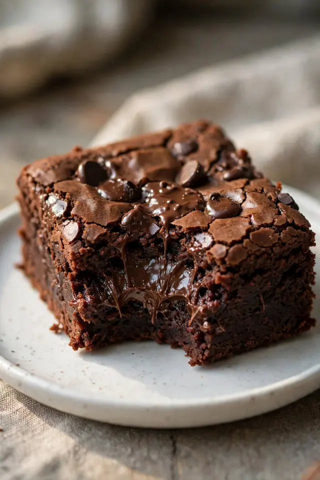 Close-up of a fudgy chewy brownie square with melted chocolate chips