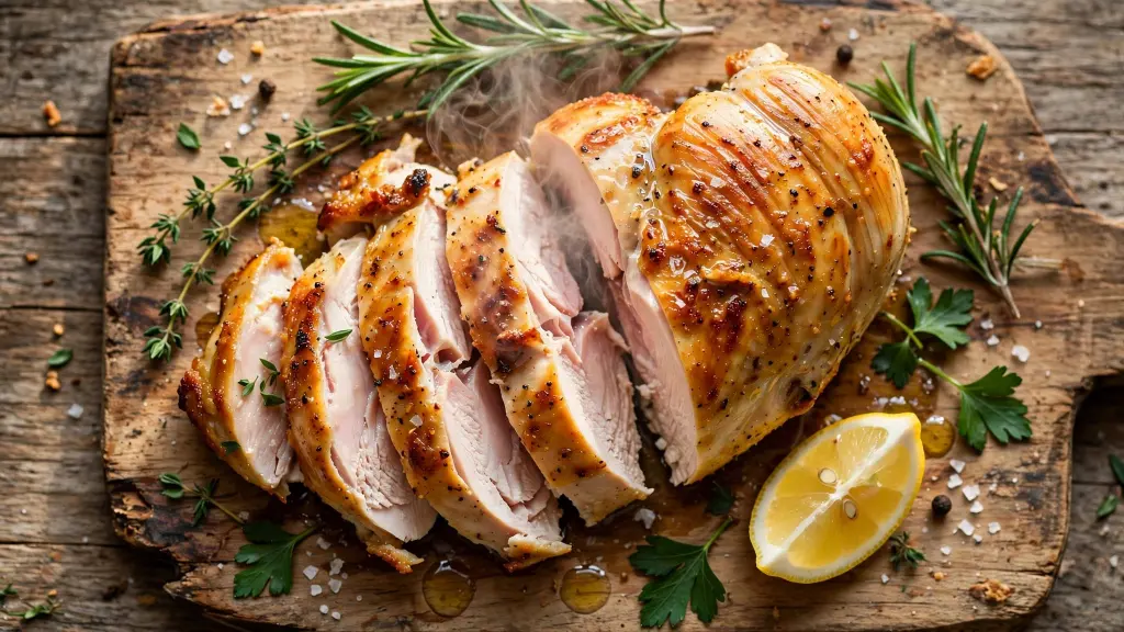 Juicy baked chicken breast sliced open on wooden board with herbs and lemon