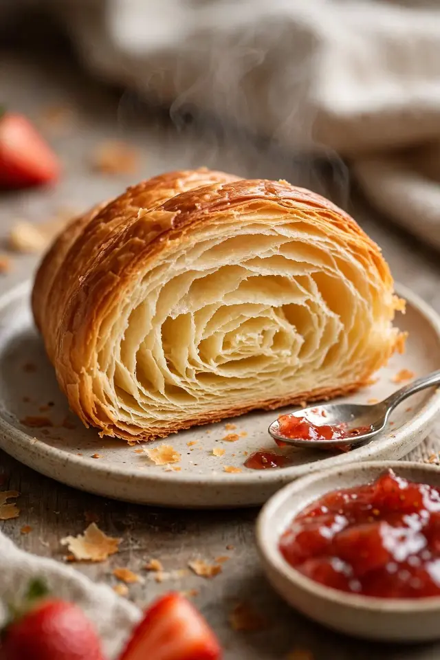Close-up of flaky layers inside a homemade gipfeli recipe pastry