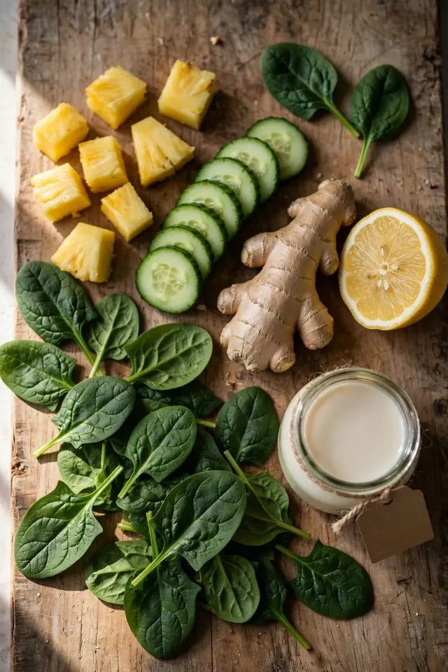 Fresh ingredients for a green detox smoothie laid out on a wooden board