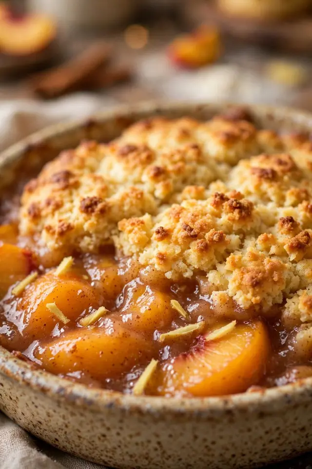 Spiced peach cobbler with fresh ginger and cinnamon filling