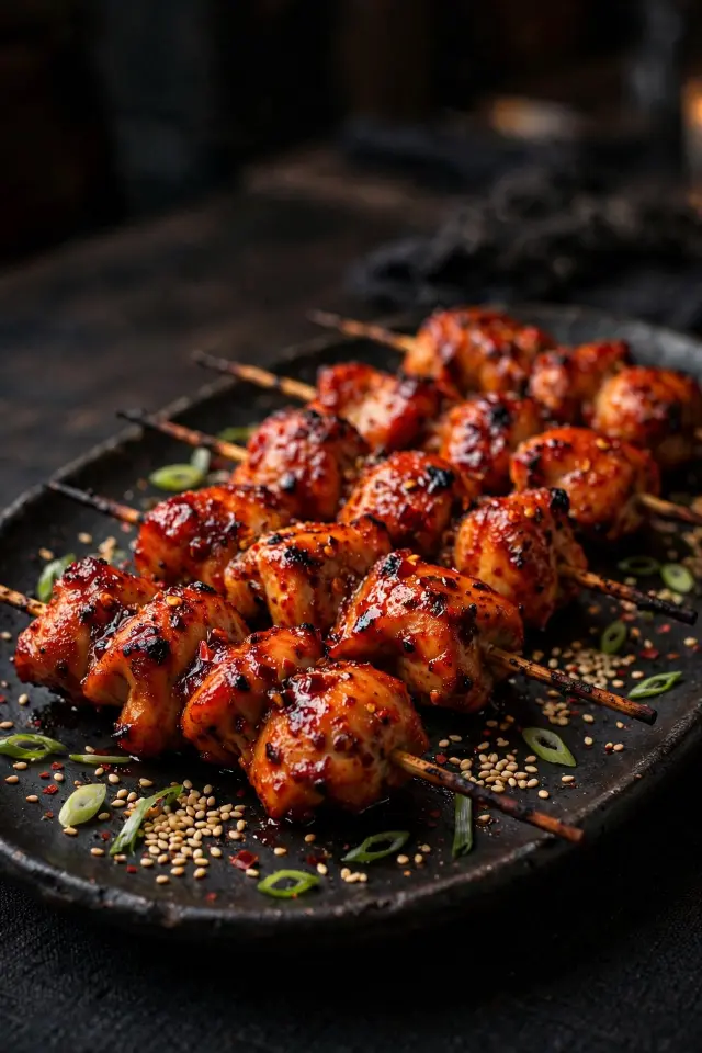Spicy honey-sriracha grilled pineapple chicken skewers with sesame garnish
