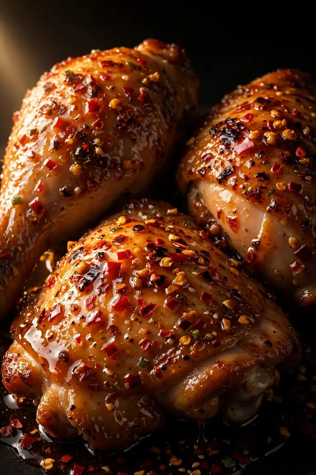 Spicy honey garlic chicken glazed with chili flakes and sauce