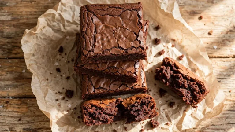 Stack of best ever chewy brownies with crackly tops and fudgy centers