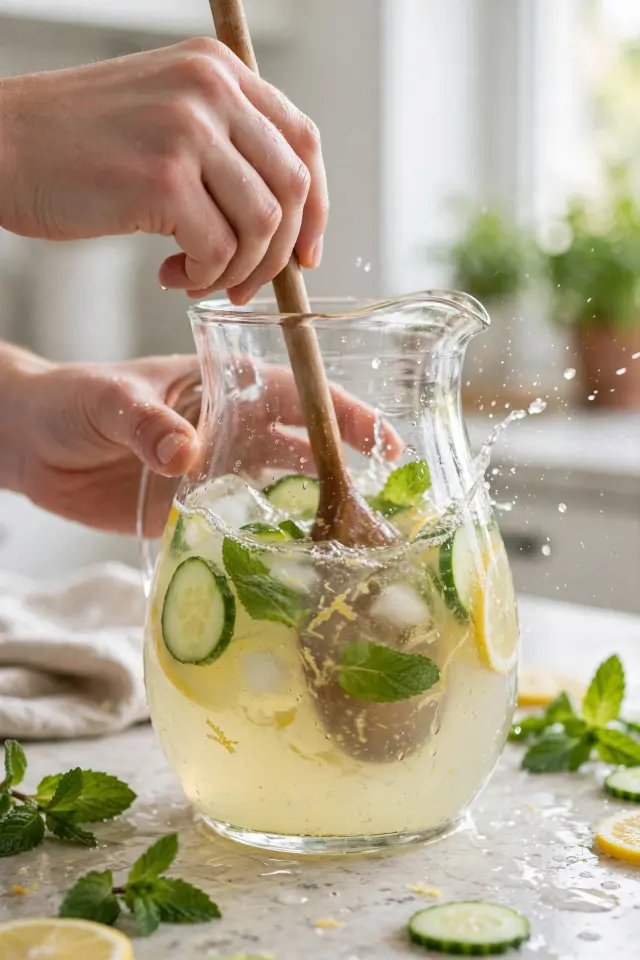 Stirring fresh cucumber mint lemonade in a glass pitcher