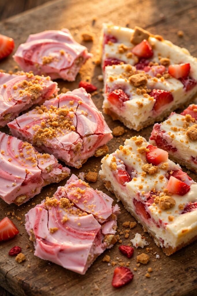 Strawberry cheesecake frozen yogurt bark with graham cracker crumble