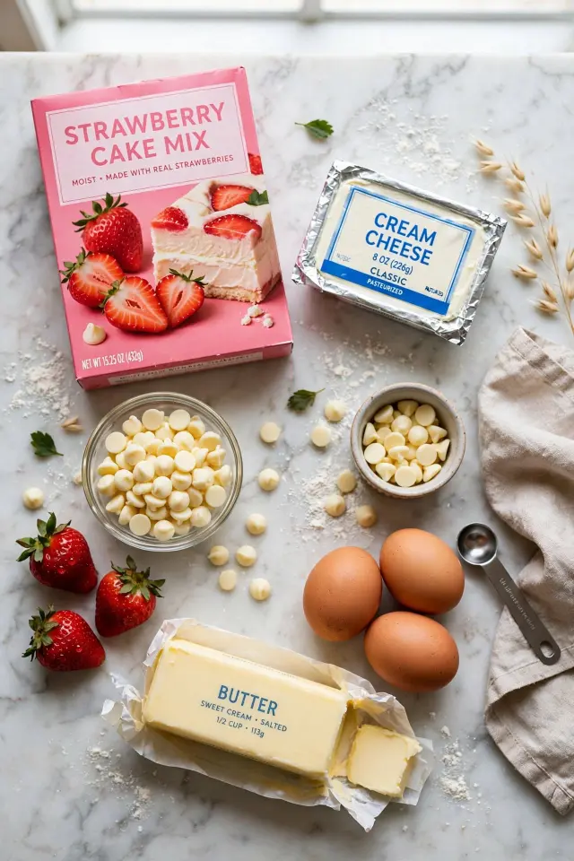 Ingredients for strawberry earthquake cake including cream cheese and white chocolate chips