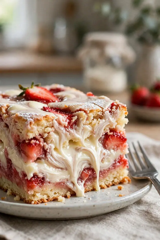 Slice of strawberry earthquake cake showing gooey cream cheese and white chocolate center