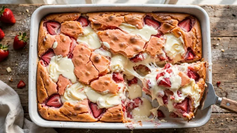 Strawberry earthquake cake with cracked top and gooey cream cheese swirl in baking dish