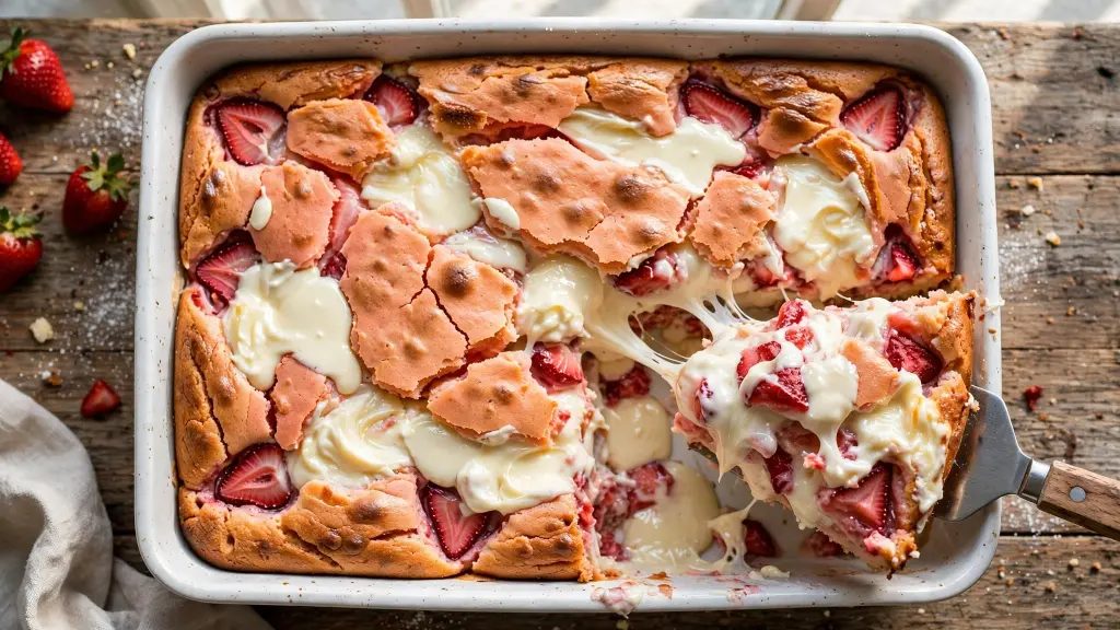 Strawberry earthquake cake with cracked top and gooey cream cheese swirl in baking dish