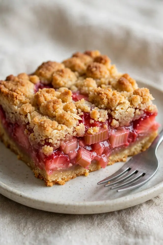 Close-up of a sliced strawberry rhubarb crumb bar showing the fruit filling layer.