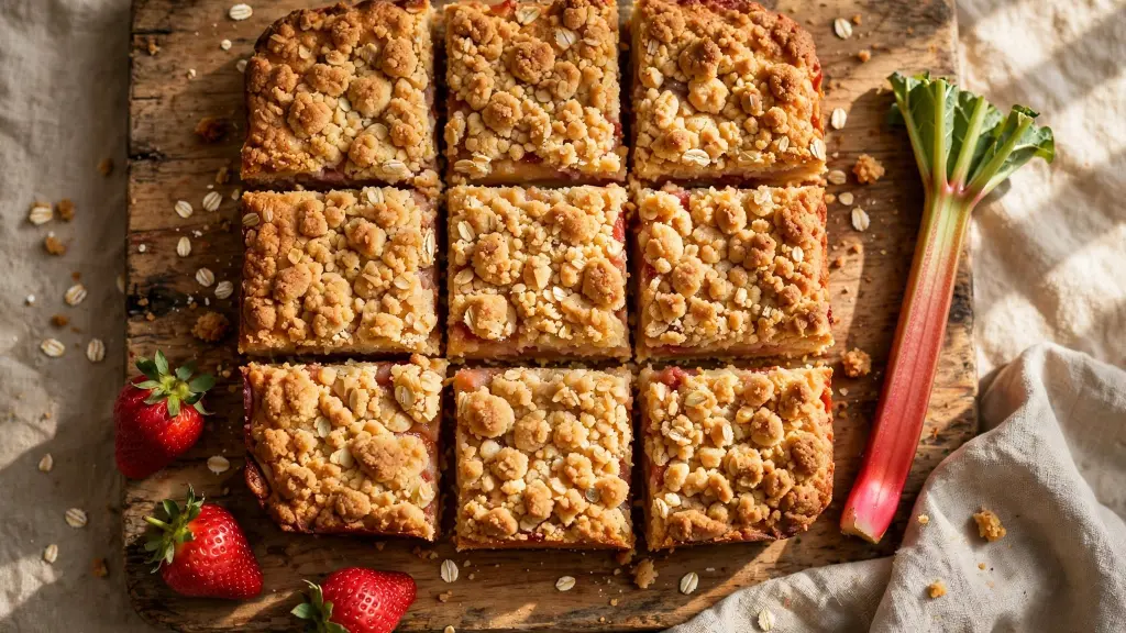 Stack of strawberry rhubarb crumb bars with golden crumb topping on a wooden board
