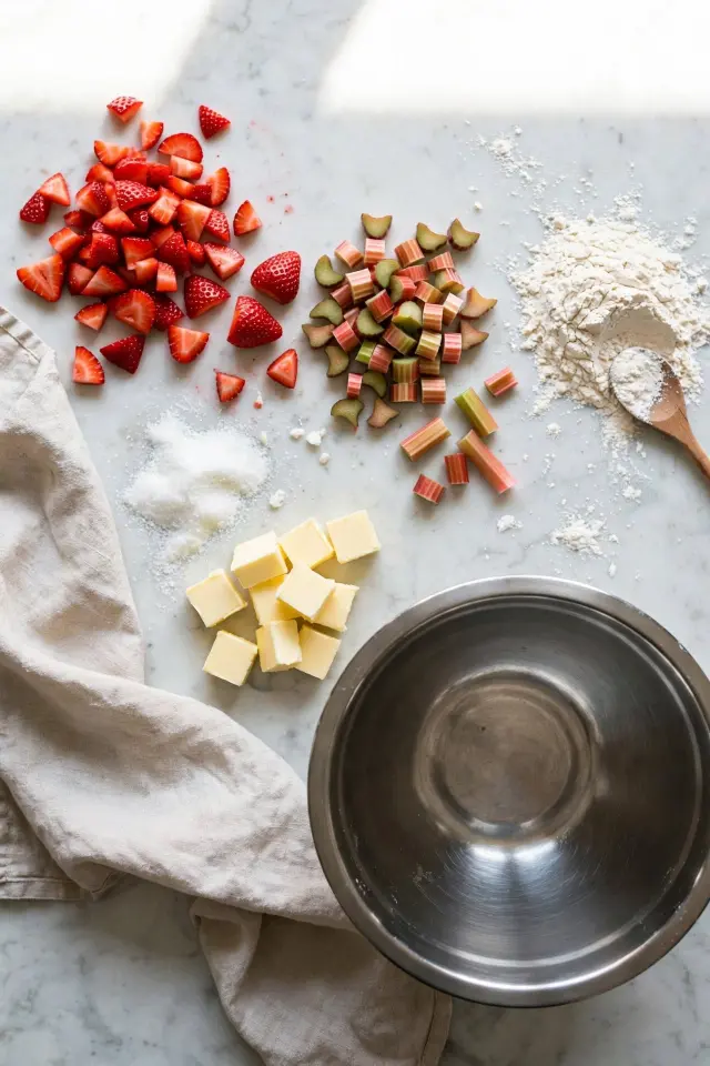 Ingredients for strawberry rhubarb crumb bars including fresh strawberries and rhubarb.