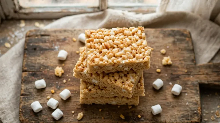 Stack of soft, gooey rice krispie treats recipe squares on a wooden board