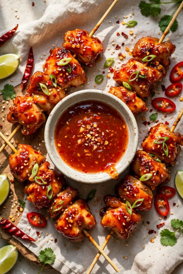 Sweet chili grilled pineapple chicken skewers with dipping sauce