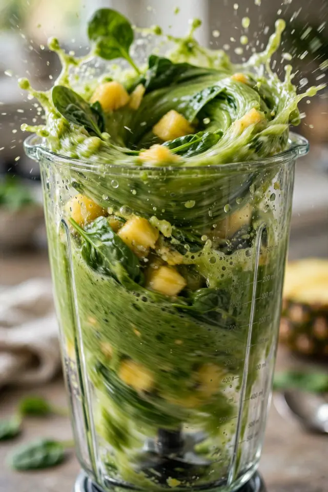 Green detox smoothie blending in a countertop blender