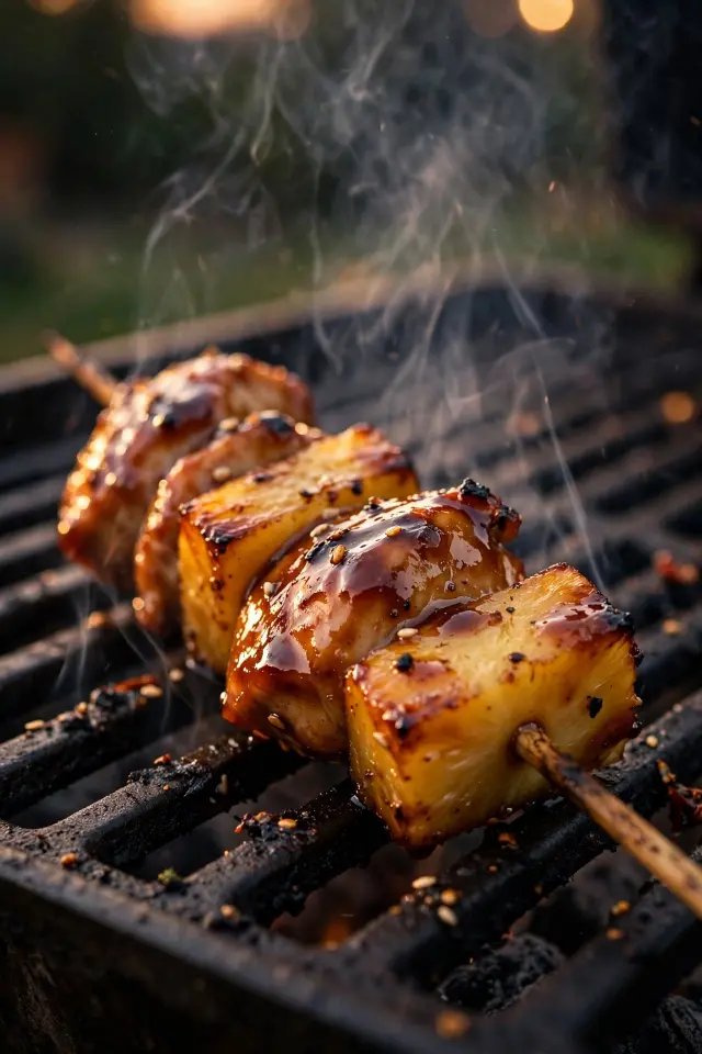 Glossy teriyaki grilled pineapple chicken skewer with visible char marks