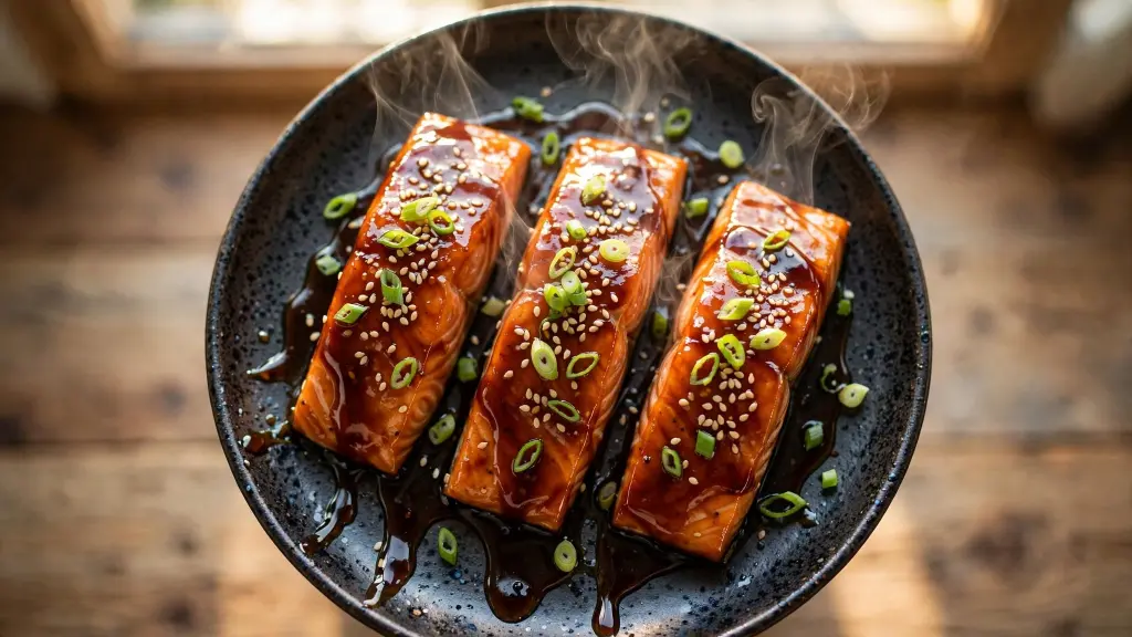 Glazed teriyaki salmon recipe plated with sesame seeds and scallions