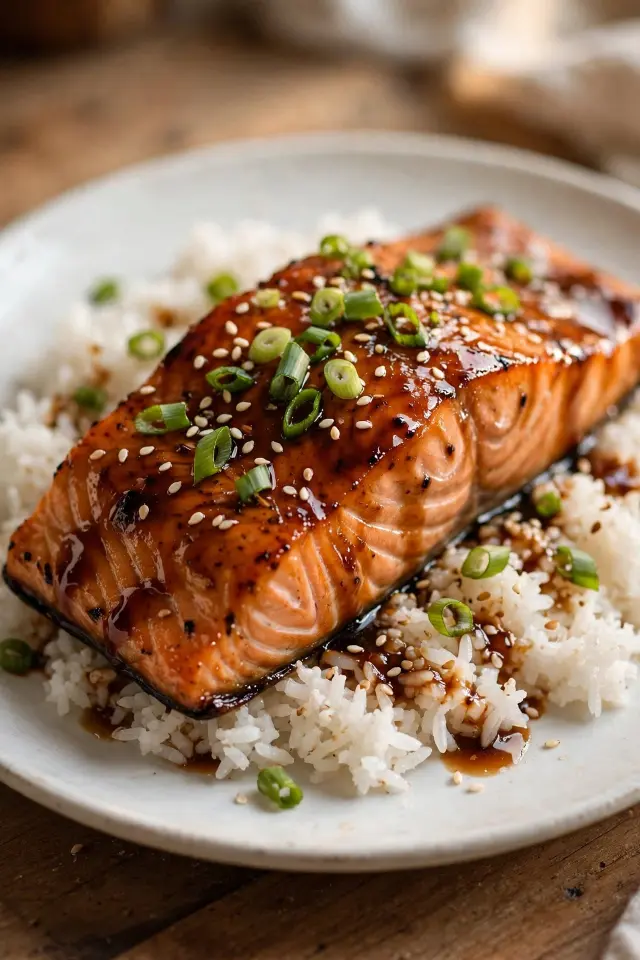 Close-up of teriyaki salmon served over rice with sesame garnish