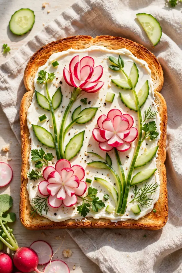 Toast garden food art idea for kids with vegetable flowers
