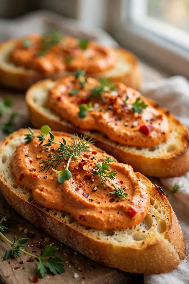 Roasted red pepper Greek yogurt crostini, easy party finger food