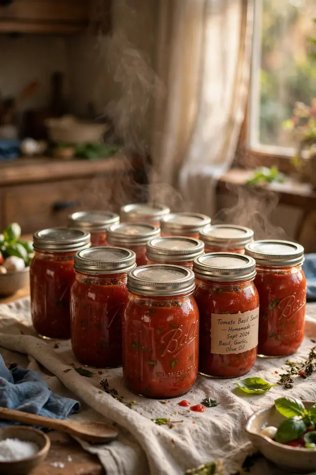 Homemade tomato basil sauce jars, a pantry-friendly canning recipe