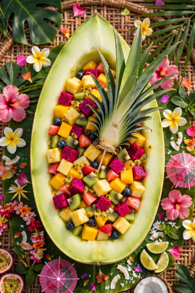 Tropical fruit boat, a fun themed fruit platter for kids